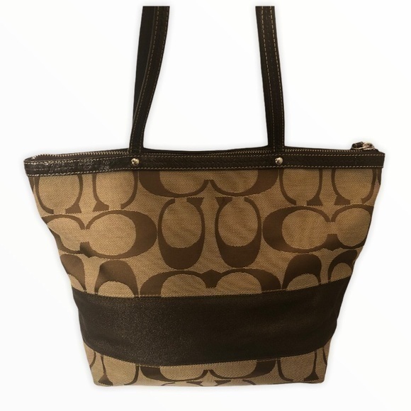 Coach f13548 Y2K brown signature striped zipper top tote bag - Picture 1 of 11
